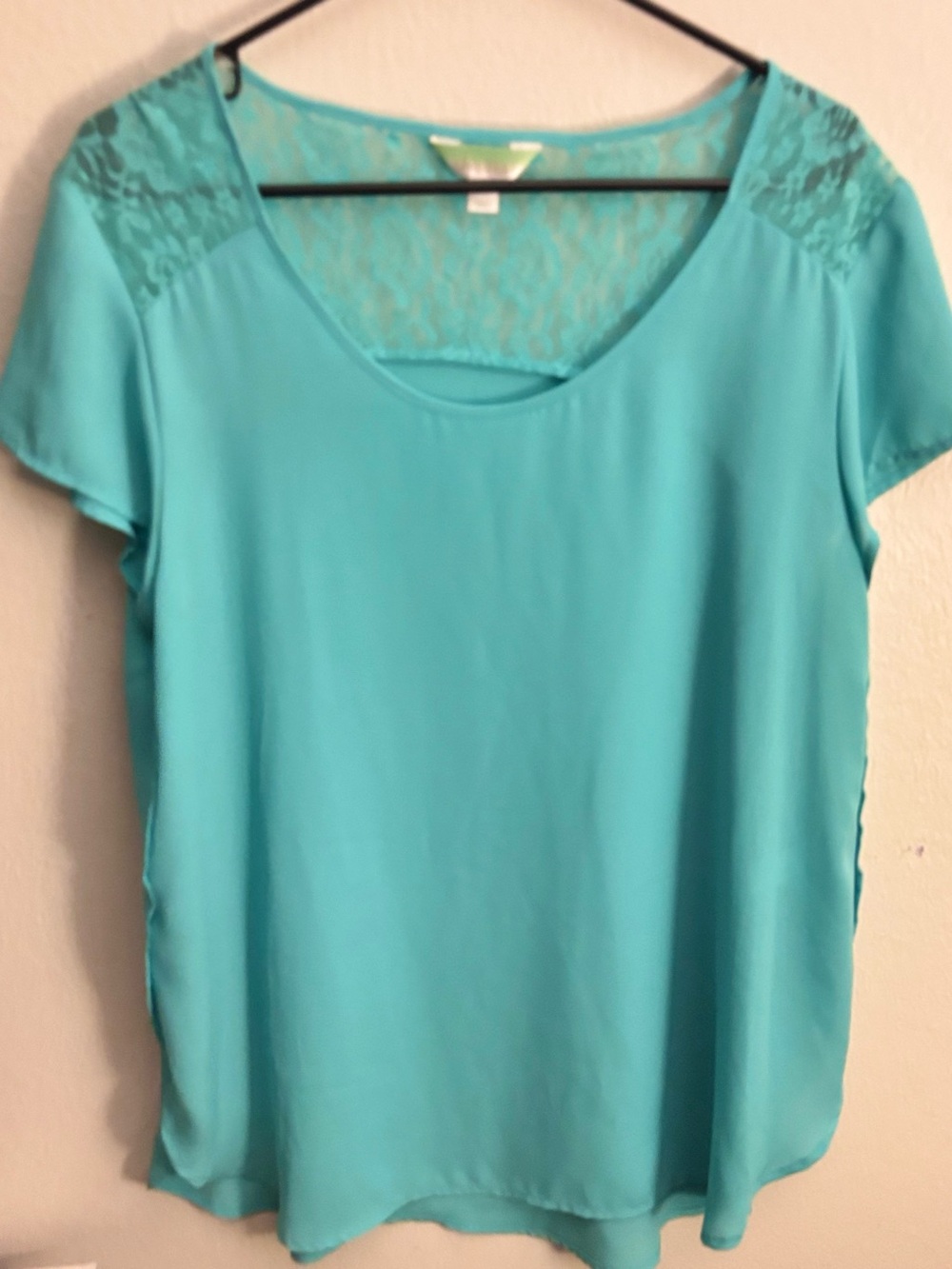 Decree Aqua Lace-Yoke Scoop Neck Blouse